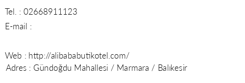 Ali Baba Butik Otel telefon numaralar, faks, e-mail, posta adresi ve iletiim bilgileri